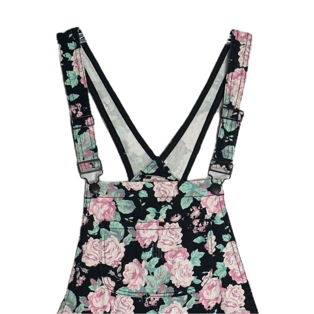 Forever 21 Rose Floral Print Distressed Premium Denim Overalls Size 27 - Picture 5 of 9